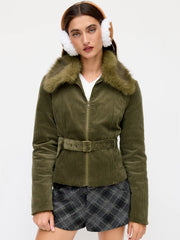 Corduroy Faux Fur Trim Collar Jacket With Belt