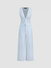 Cotton-blend V-neck Stripe Wide Leg Jumpsuit