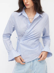 Cotton-blend Collar Asymmetrical Hem Tie Side Ruched Blouse