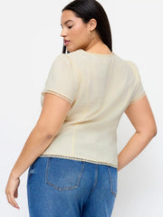 Cotton-blend V-neck Pleated Ruffle Hem Blouse Curve & Plus