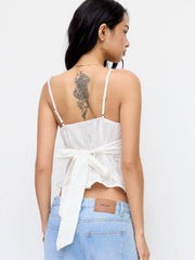 Cotton Textured Sweetheart Bowknot Ruffle Hem Cami Top