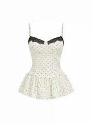 Satin Polka Dot Sweetheart Lace Trim Peplum Hem Cami Blouse