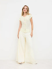 Round Neckline Short Sleeve See-through Button Front Blouse