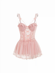 Sweetheart Floral Lace Bowknot Lace Up Lingerie With Thong Set