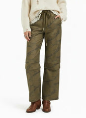 Mid Rise Tree Branch Pattern Ruched Drawstring Cargo Trousers