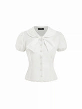 Cotton Peter Pan Collar Puff Sleeve Bowknot Lace Trim Blouse