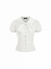 Cotton Peter Pan Collar Puff Sleeve Bowknot Lace Trim Blouse
