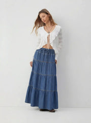 Denim Mid Rise Drawstring Tiered Flared Maxi Skirt