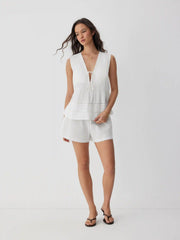 Cotton V-Neck Lace Trim Top & Mid Rise Shorts Loungewear Set