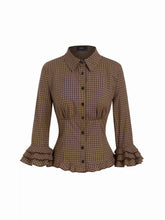 Cotton-blend Plaid Collar Lettuce Trim Layered Sleeve Shirt