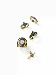 5PCS GEMSTONE DECOR ENGRAVED RING SET