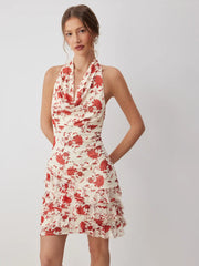 Chiffon Floral Halter Neck Tiered Mini Dress