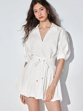 Cotton-blend Puff Sleeve Drawstring Bubble Hem Shirt Mini Dress