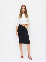 Cotton-blend Polka Dot Boat Neck Middle Sleeve Crop Tee