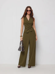 V-Neck Wrap Front Ruched Metal Detailed Top & Mid Rise Wide Leg Trousers Set