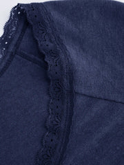 Thermal Cotton-blend V-neck Long Sleeve Lace Trim Ruched Tee