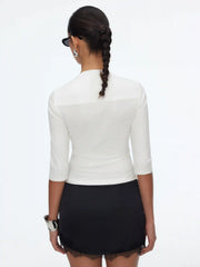 Textured Boat Neck Mid-length Sleeve Slim Top