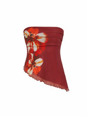 Mesh Floral Ruched Asymmetrical Hem Lettuce Trim Bandeau Top