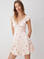 Satin Floral V-neck Ruffle Sleeve Lace A-line Mini Dress