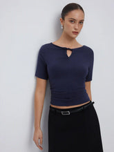 High Stretch Boat Neck Short Sleeve Twist Cut Out Ruched Tee