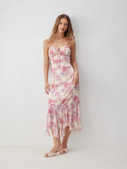 Floral Mid Rise Drawstring Cami Maxi Dress