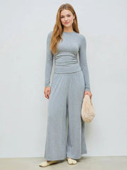 Round Neckline Solid Ruched Long Sleeve Top & Mid Rise Ruffle Hem Trousers Set