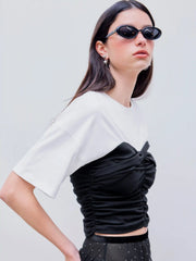 Round Neck Two Tone Ruched Crop Short Sleeve Top