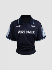 WORLD WIDE NO.39 Polo Contrasting Binding Ruched Short Sleeve Tee