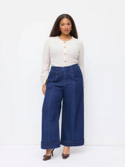 Stretch Denim Mid Rise Roll Hem Button Wide Leg Jeans Curve & Plus