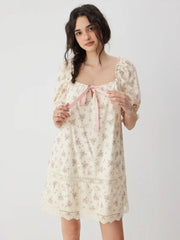 Cotton Square Neck Floral Puff Sleeve Bowknot Babydoll Mini Dress