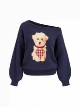 Knit Asymmetrical Neck Puppy Pattern Top