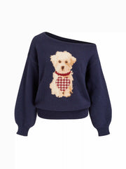 Knit Asymmetrical Neck Puppy Pattern Top