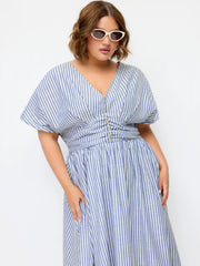 Cotton-blend V-neck Striped Ruched Button Maxi Dress Curve & Plus
