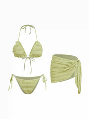 Textured V-neck Lettuce Trim Triangle Tie Side Bikini Set With Sarong