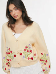 Knit Strawberries & Flowers Embroidery V-neck Lantern Sleeve Cardigan