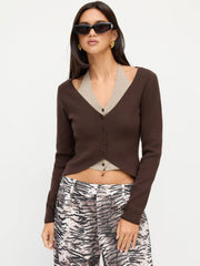 Knit Two Tone Halter Neckline Long Sleeve Button Top