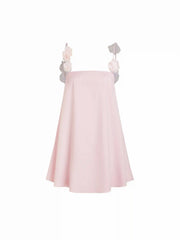 Satin Backless Floral Applique Babydoll Mini Dress