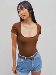 Solid Square Neck Short Sleeve Bodysuit