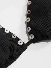 Ribbed Shell Button Side-Tie Triangle Bikini Set
