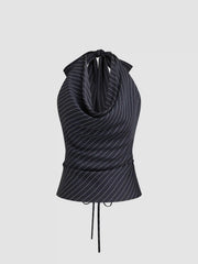 Halter Neckline Stripe Knotted Top & Mid Rise Straight Leg Trousers Set
