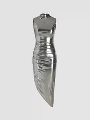 Vestido Midi Metálico com Gola Alta