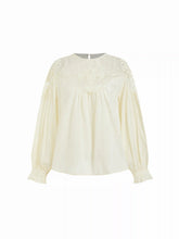 Cotton Round Neckline Lace Embroidery Ruched Long Sleeve Blouse