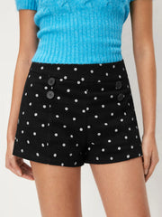 Cotton-blend Mid Rise Polka Dot Button Front Micro Shorts