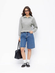 Cotton-blend Collar Smocking Ruffled Hem Sweatshirt