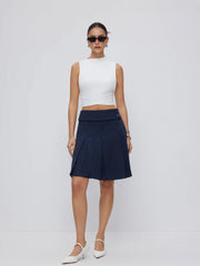 Mid Rise Striped Pleated Pocket Midi Skirt