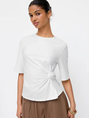 Cotton-blend Ruched Twist Mid-length Sleeve Tee