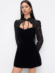 Velvet Stand Collar Long Sleeve Lace Mesh Knotted Mini Dress