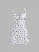 Mesh Scoop Neckline Floral Knotted Mini Dress