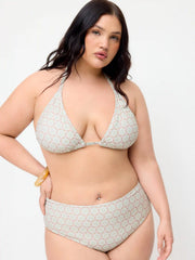 Halter Neckline Geometric Floral Triangle Bikini Set With Sheer Skirt Curve & Plus