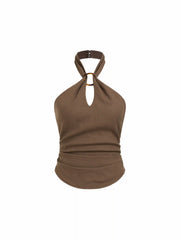 Linen-blend Halter Neckline Cut Out Ruched Backless Blouse